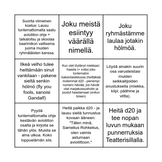 Samin bingo - Suorita kaikki bingotehtävät! Bingo Card