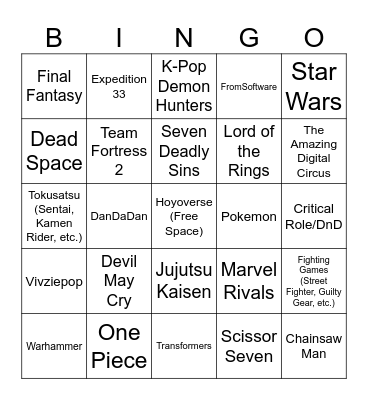 Convention Cosplay Bingo Card