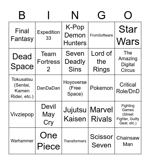 Convention Cosplay Bingo Card