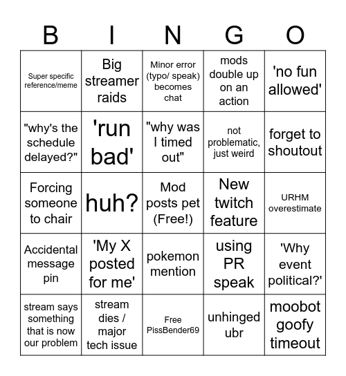 GDQ Mod Bingo Card