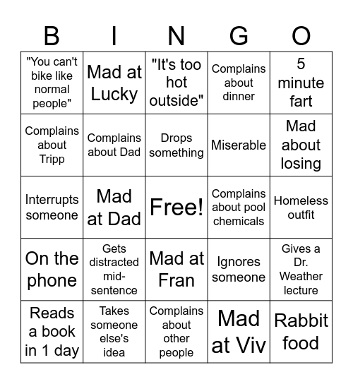Mom Bingo Card