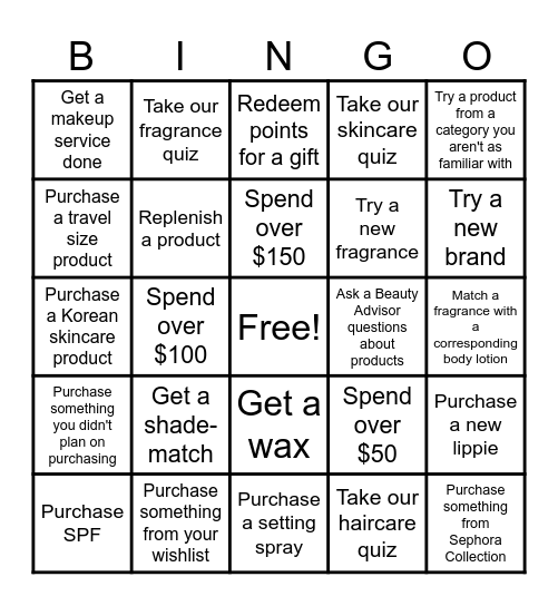 SEPHORA BINGO Card
