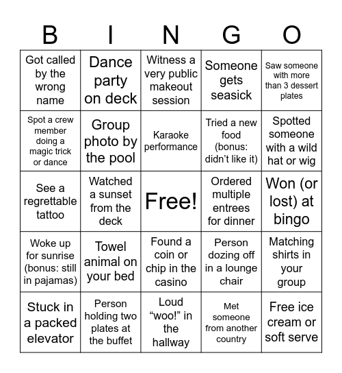 McClone Family Cruise Bingo Card