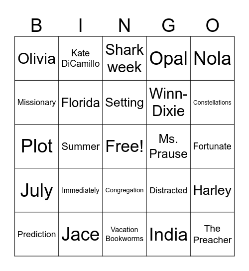 Because of Winn-Dixie Ch. 1-5 Bingo Card