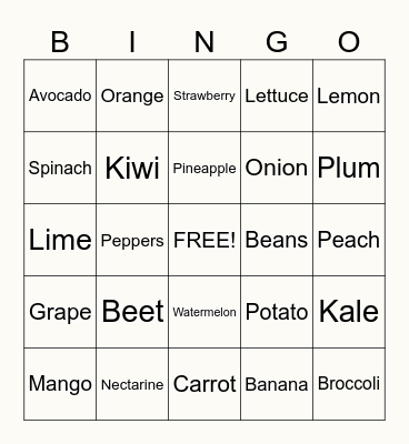 Fruit and Veggie Bingo Card