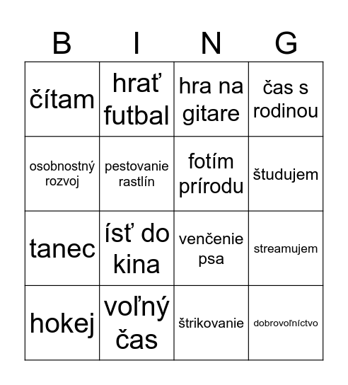 Záľuby a voľný čas Bingo Card