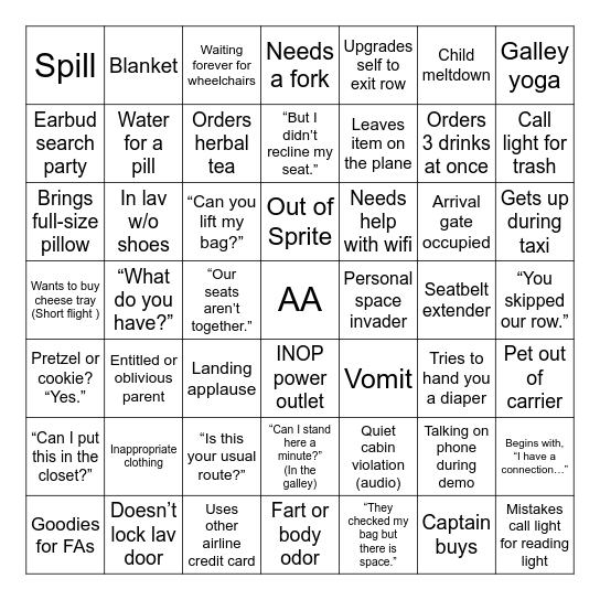 Cabin Crew Bingo Card