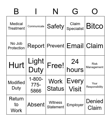 Workers' Compensation Bingo Card