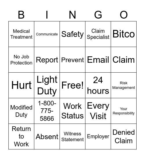 Workers' Compensation Bingo Card