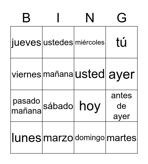 Days of the week  Bingo Card