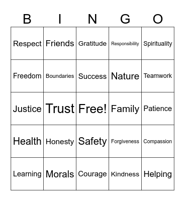 Personal Values Bingo Card