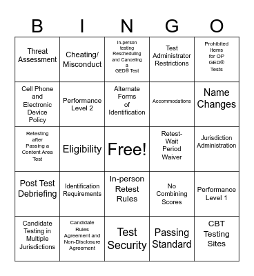 GED Policy Training Bingo Card