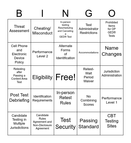 GED Policy Training Bingo Card