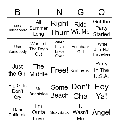 00s Bingo Card