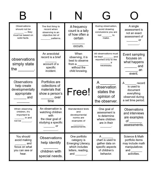 Observing Children Bingo Card