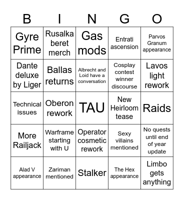 Warframe Tennocon 2025 Bingo Card