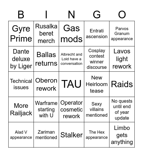 Warframe Tennocon 2025 Bingo Card