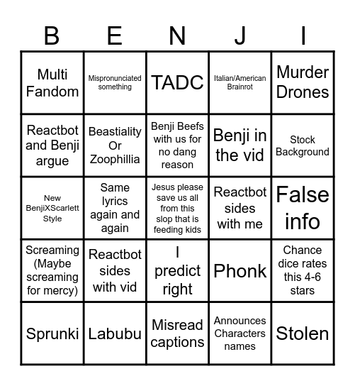 BENJIxScarlett Bingo Card