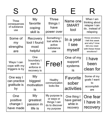 Recovery Bingo Card
