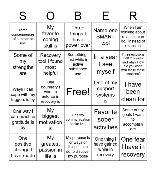 Recovery Bingo Card