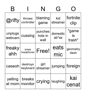 streamers crashing out Bingo Card