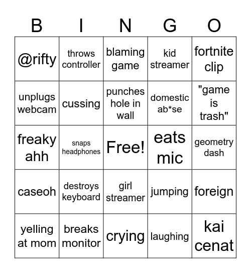 streamers crashing out Bingo Card