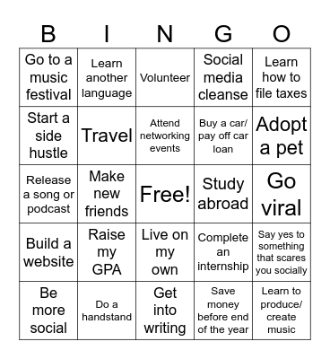 Future Me Bingo Card