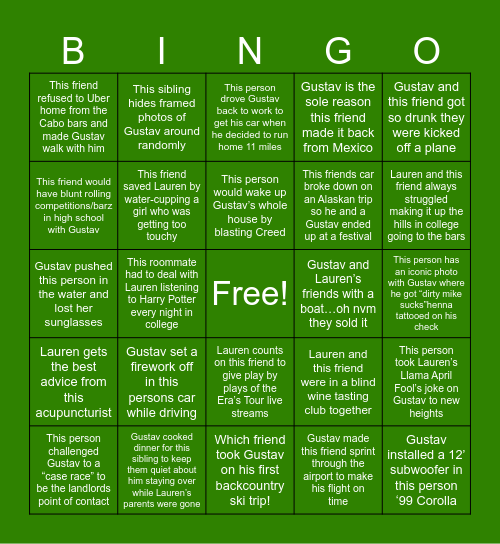 Bachelor/ette Weekend Bingo Card