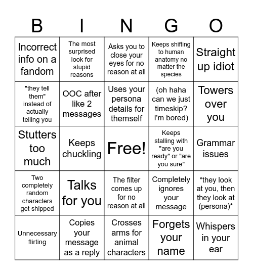 Character AI Bingo Card