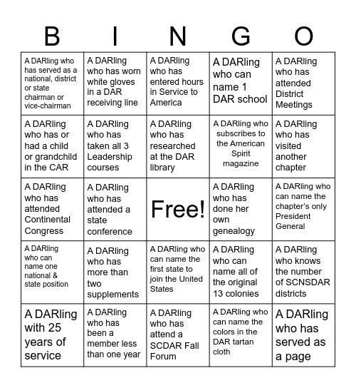 DAR Bingo Card