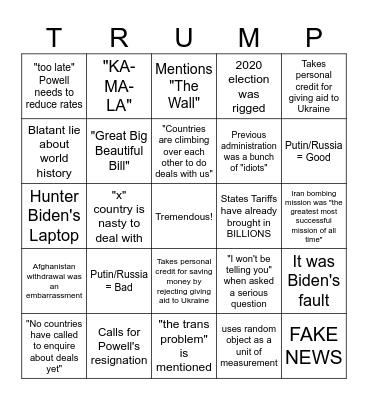 Trump Talking Bingo Card