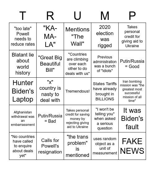 Trump Talking Bingo Card