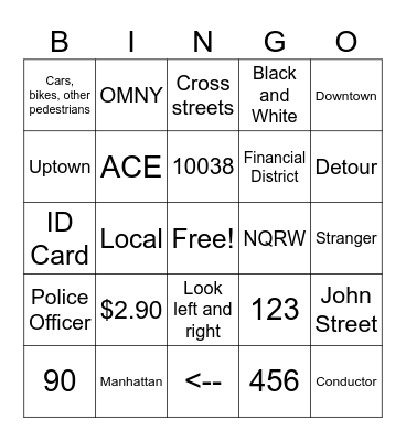 Travel Training Bingo Card