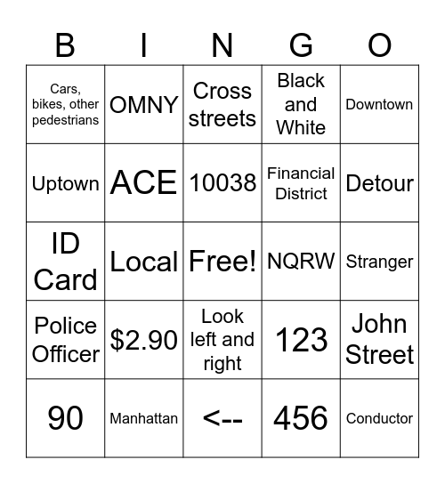 Travel Training Bingo Card