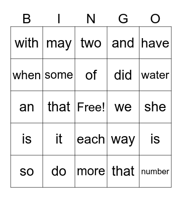 FRY's 100 sight words Bingo Card