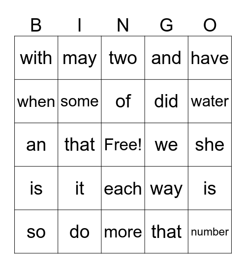 FRY's 100 sight words Bingo Card
