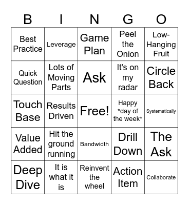Corporate RJ Bingo Card