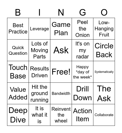 Corporate RJ Bingo Card