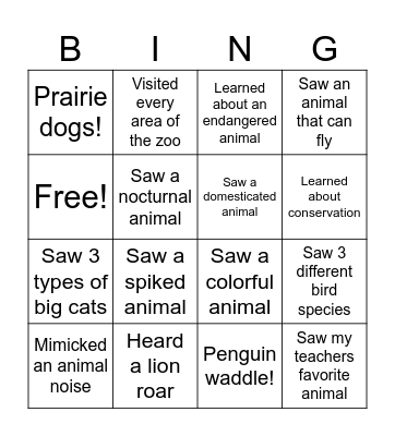 A Day At The Zoo! Bingo Card