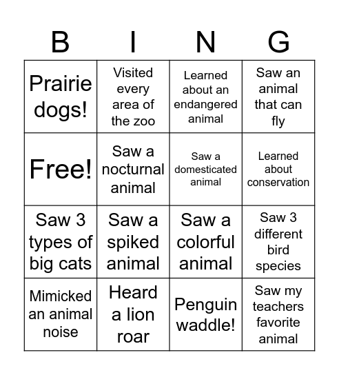 A Day At The Zoo! Bingo Card