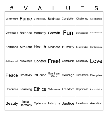 Core Values Bingo Card
