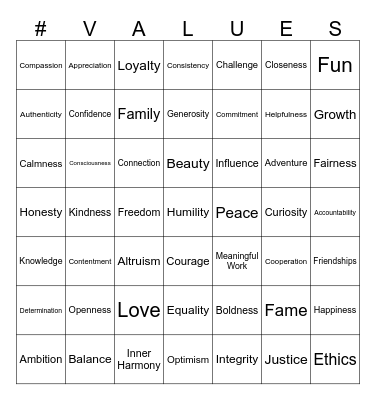 Core Values Bingo Card