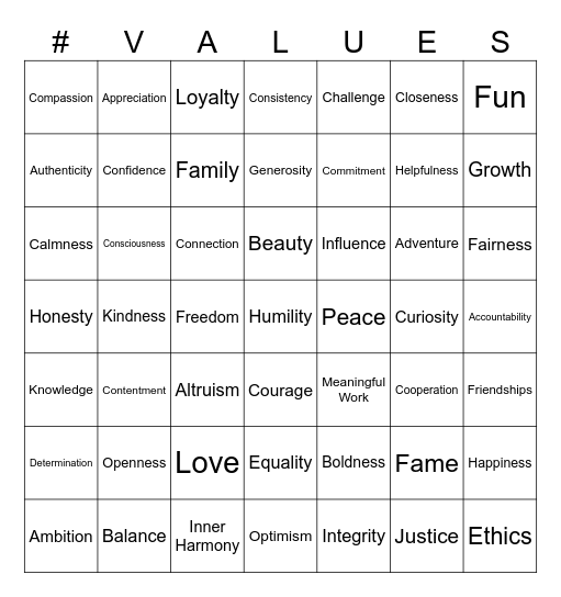 Core Values Bingo Card