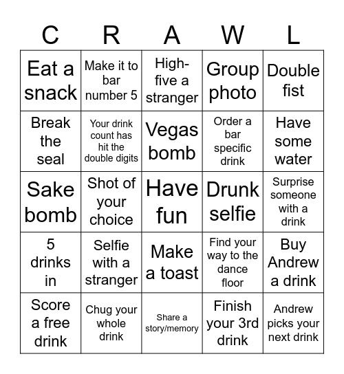 BAR CRAWL Bingo Card