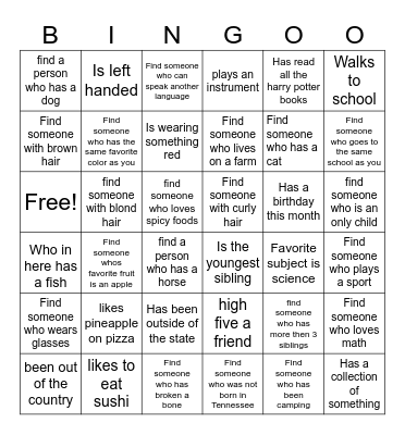 Get to know you bingo Card