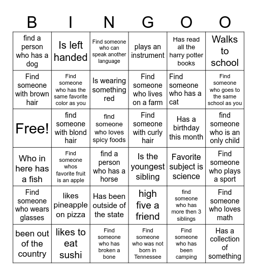 Get to know you bingo Card