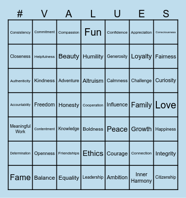 Personal Values Bingo Card