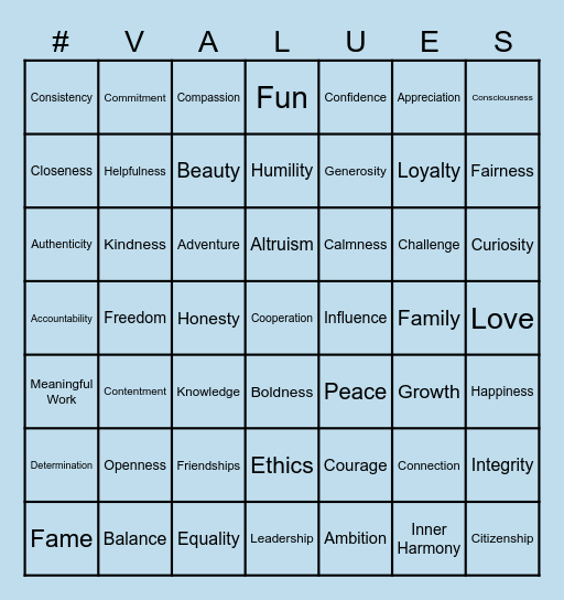 Personal Values Bingo Card