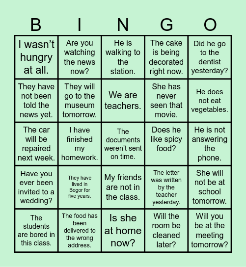 TENSES Bingo Card