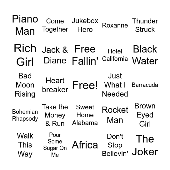Classic Rock Bingo Card